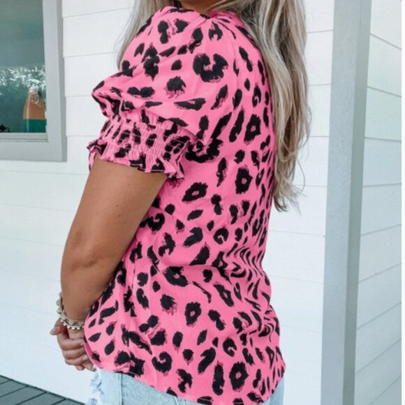 Barbie Style Pink Leopard Notch Neck Bubble Sleeve Blouse - Picture 1 of 2